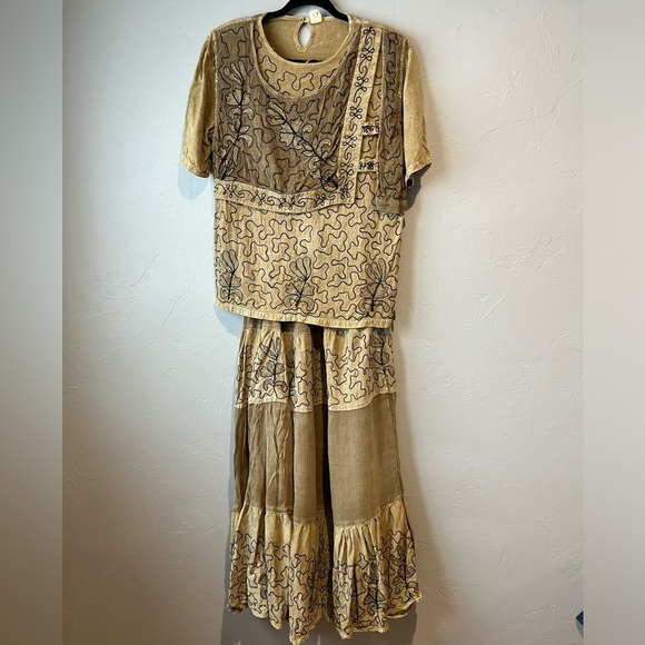 Fairy bohemian boho embroidered eccentric hippy maxi shirt set nature Lagenlook - Picture 2 of 16